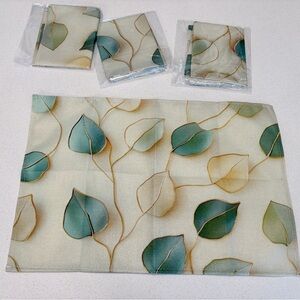 Set of 4 Linen Blend Botanical Leaf Design Placemats